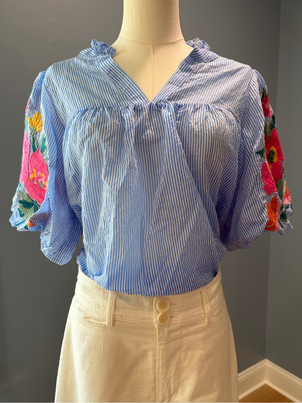 THML Blue Stripe Floral Embroidered Puff Sleeve Blouse M - Picture 2 of 8